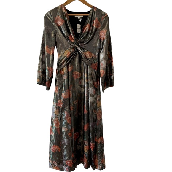 Anthropologie Caballero Metallic Floral Deep V-Neck Maxi Dress Brown Motif - Picture 4 of 16